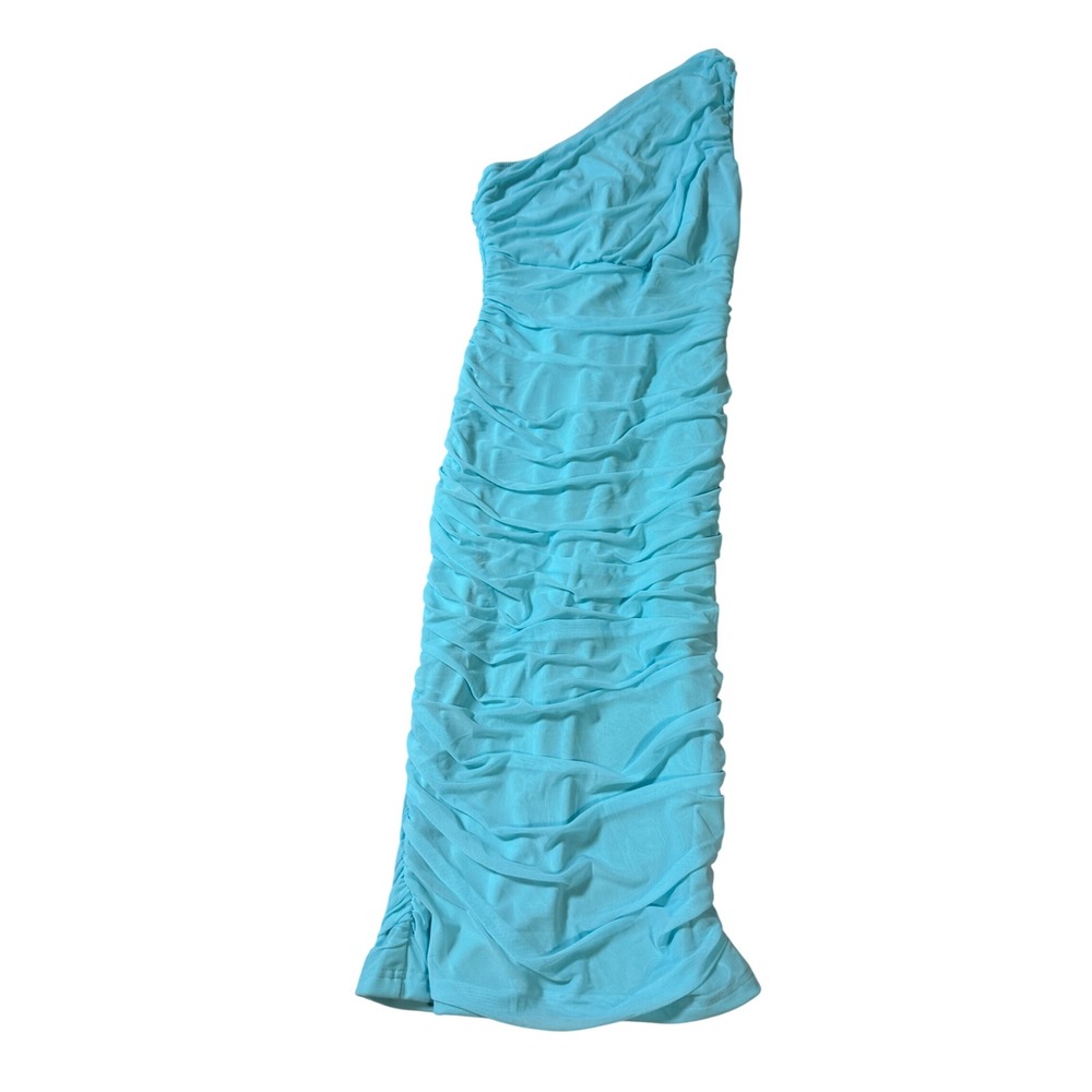 NWOT OYS Light Blue Ruched Midi One Shoulder Dress Size Large Formal Sexy - Picture 2 of 6